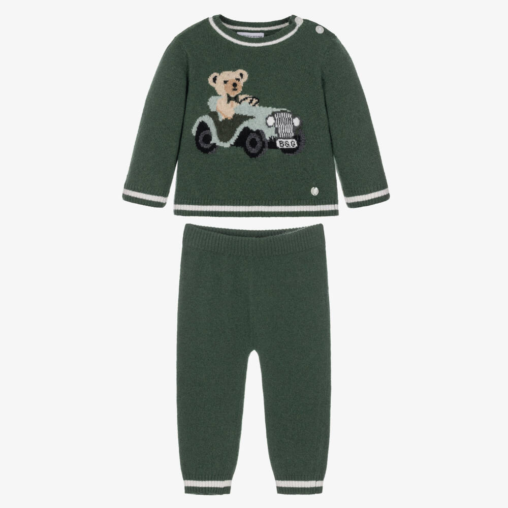 Beatrice & George-Boys Green Knitted Trouser Set with Teddy Motif | Childrensalon