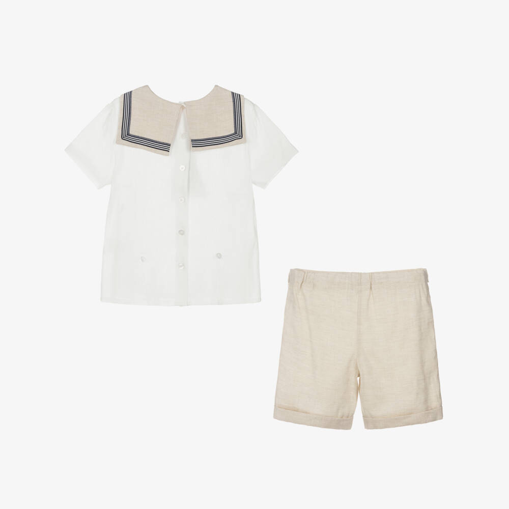 Beatrice & George-Boys Ivory & Beige Linen Sailor Buster Suit | Childrensalon