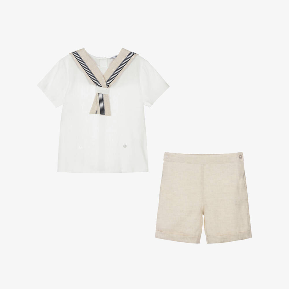 Beatrice & George-Boys Ivory & Beige Linen Sailor Buster Suit | Childrensalon