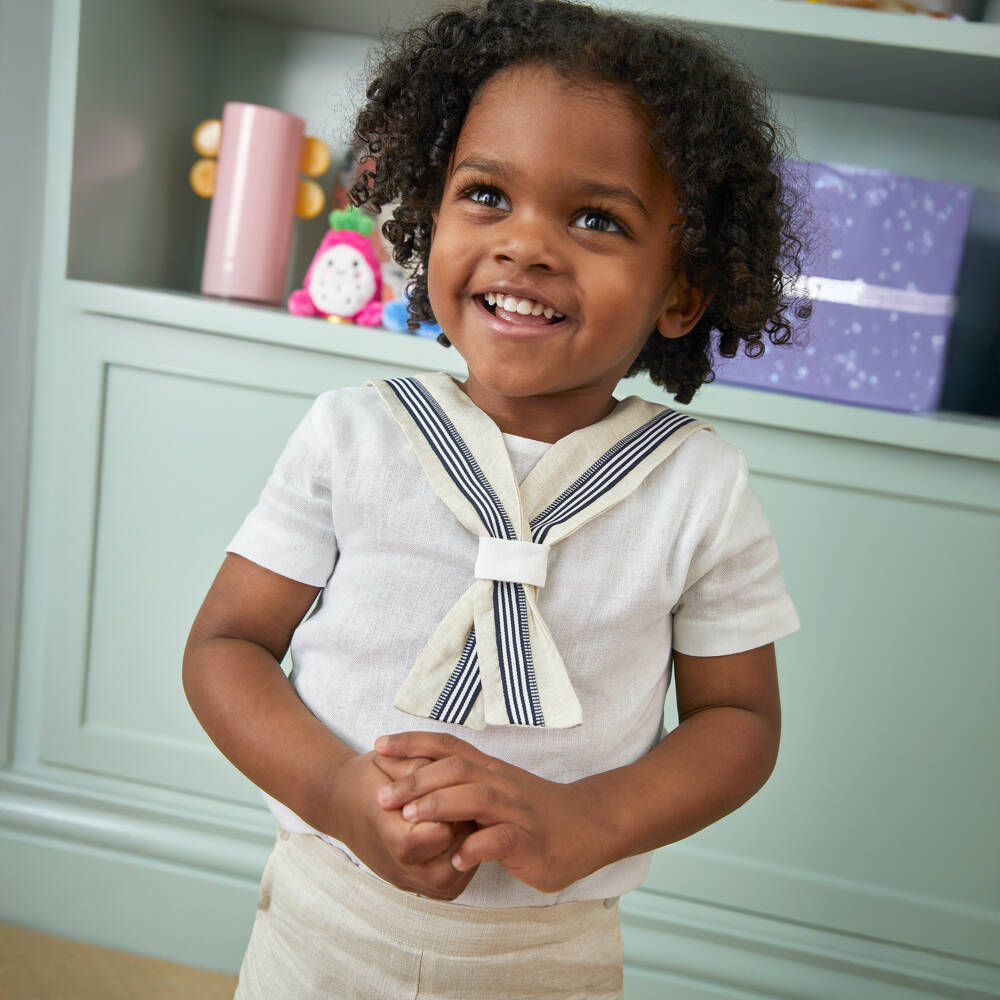 Beatrice & George-Boys Ivory & Beige Linen Sailor Buster Suit | Childrensalon