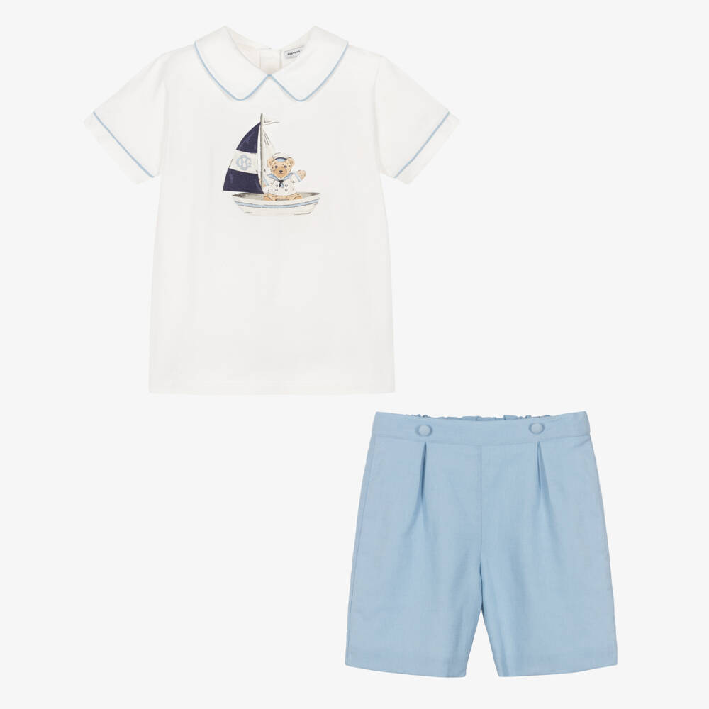 Beatrice & George-Boys Ivory & Blue Sailor Bear Print Short Set | Childrensalon