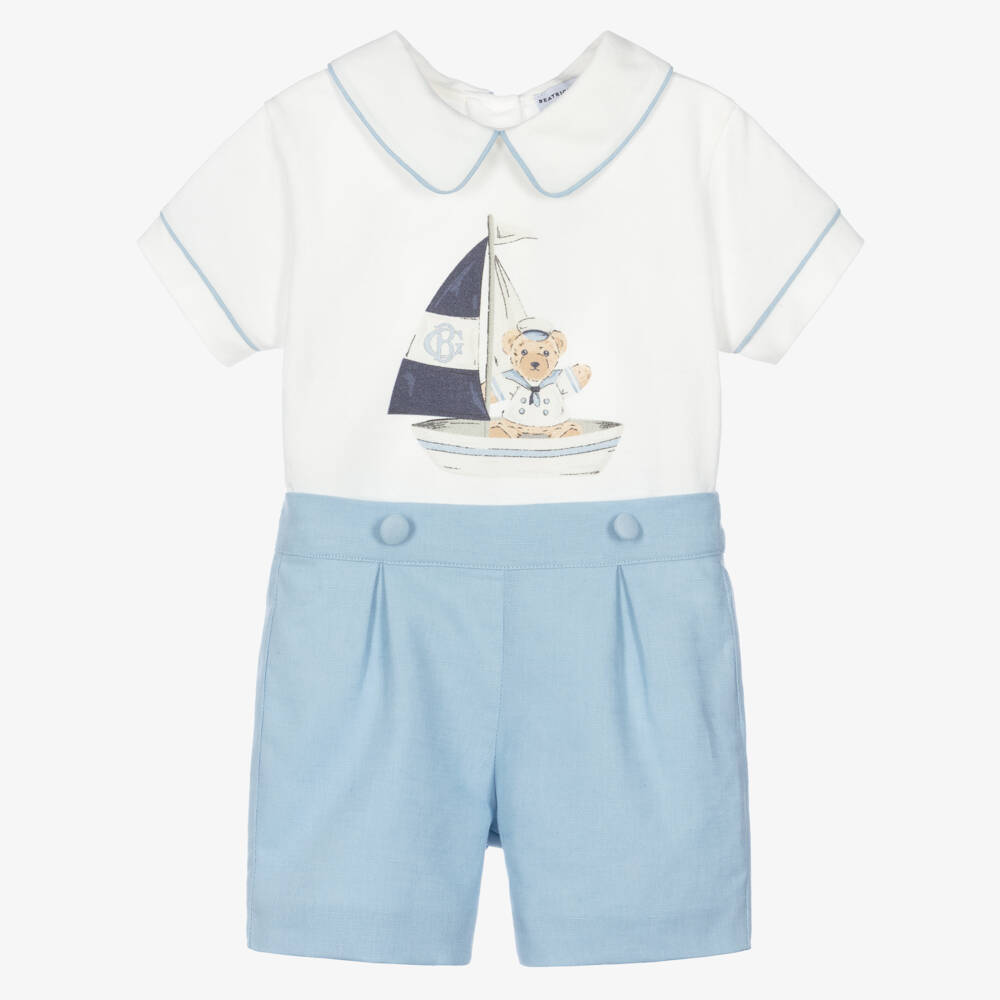 Beatrice & George-Boys Ivory & Blue Sailor Bear Print Short Set | Childrensalon