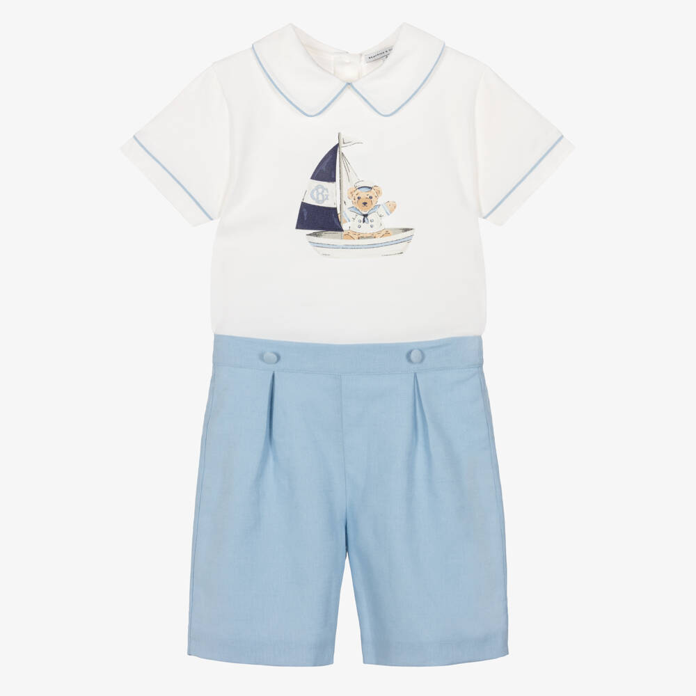 Beatrice & George-Boys Ivory & Blue Sailor Bear Print Short Set | Childrensalon