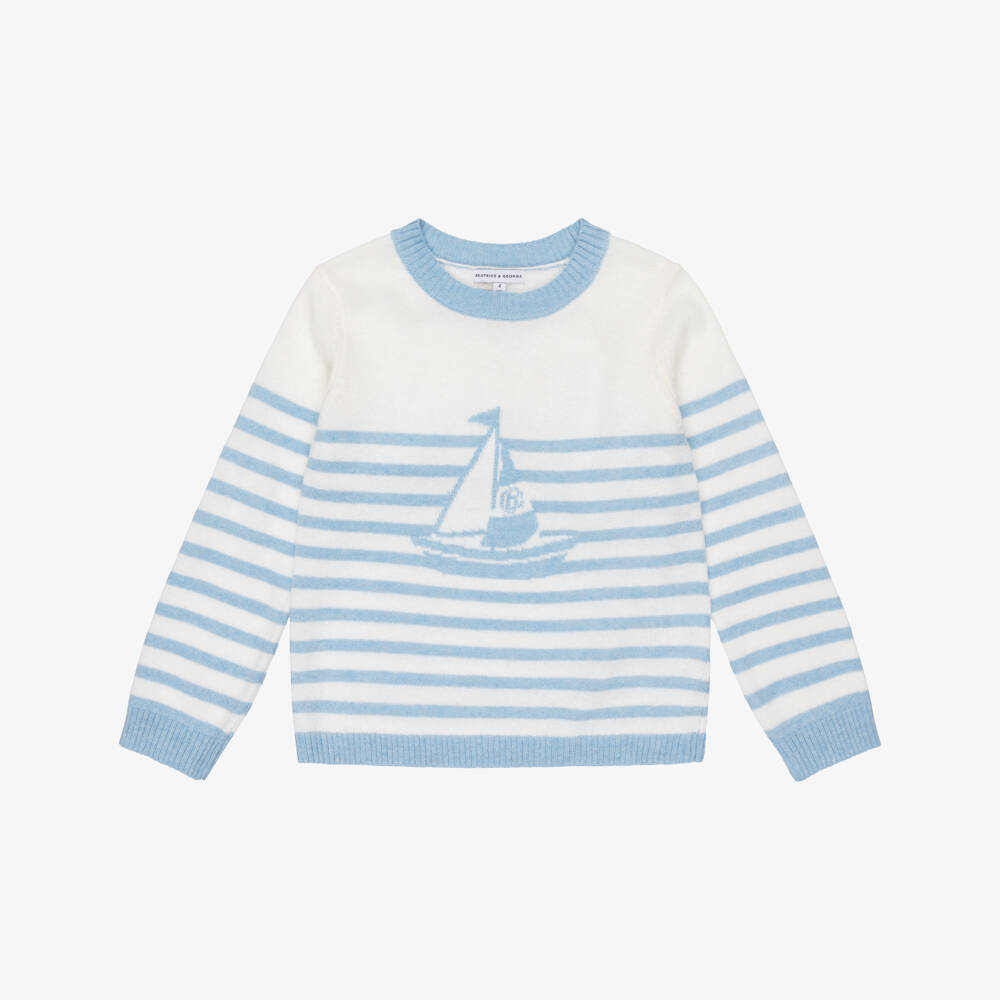 Beatrice & George-Boys Ivory & Blue Striped Sweater with Sailboat Motif | Childrensalon
