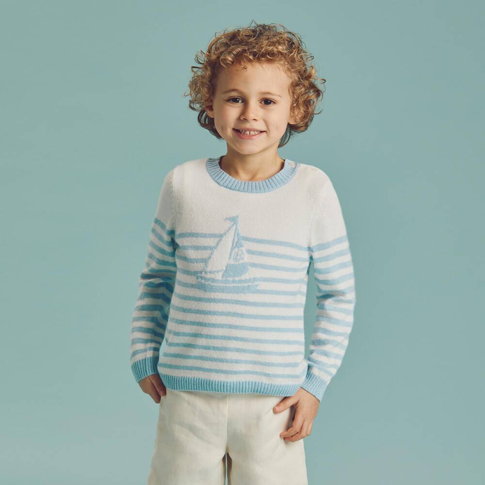 Beatrice & George-Boys Ivory & Blue Striped Sweater with Sailboat Motif | Childrensalon