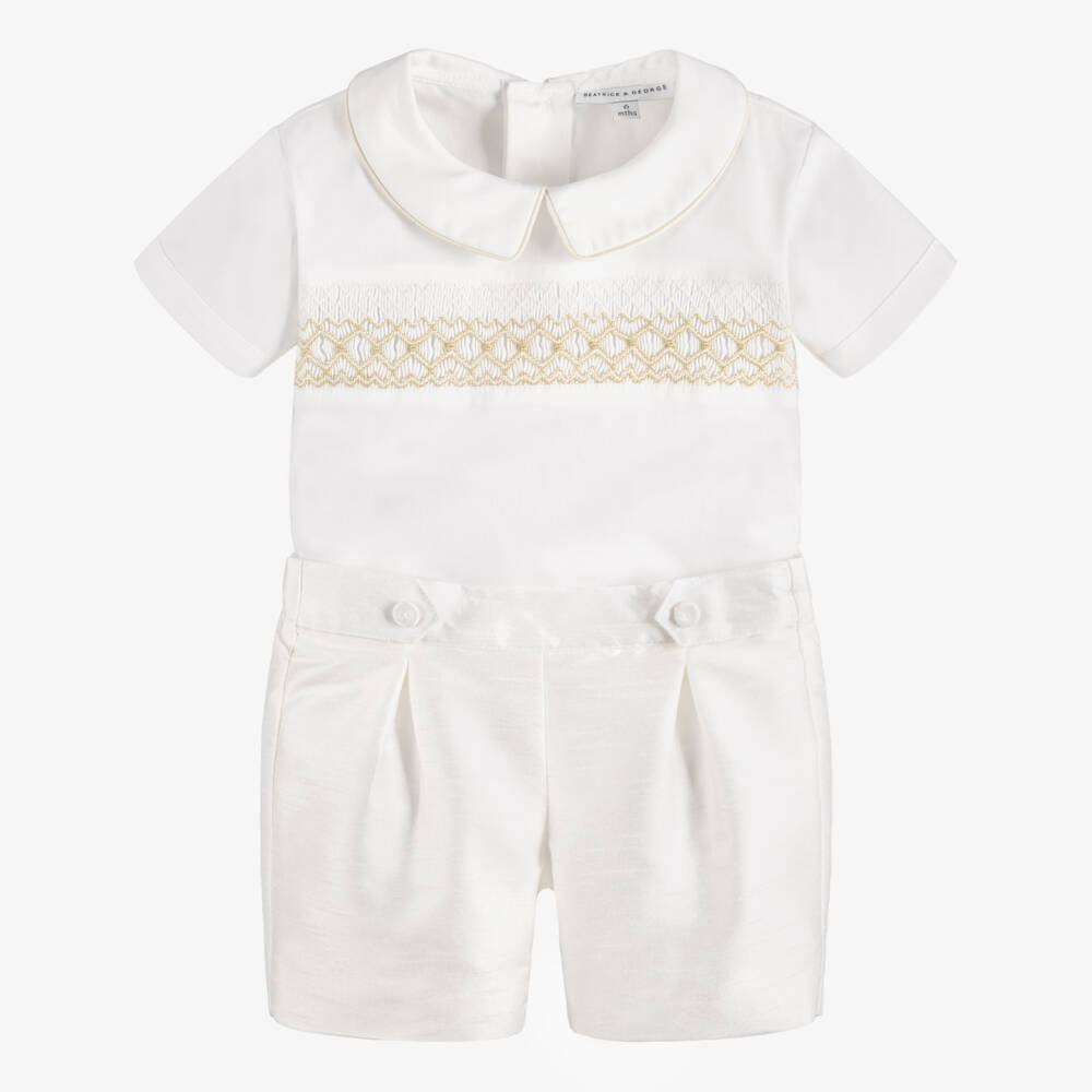 Beatrice & George-Boys Ivory Hand-Smocked Dupion Buster Suit | Childrensalon
