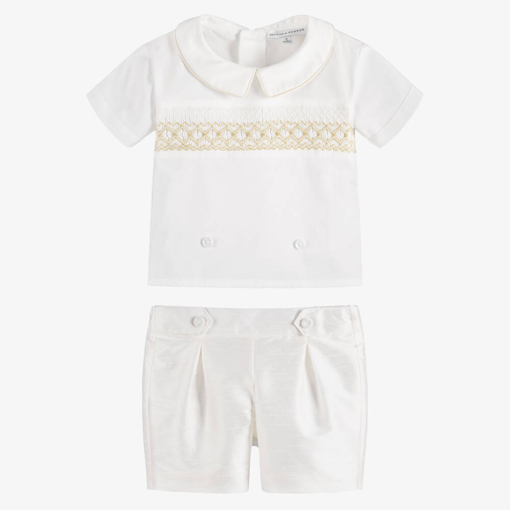 Beatrice & George-Boys Ivory Hand-Smocked Dupion Buster Suit | Childrensalon