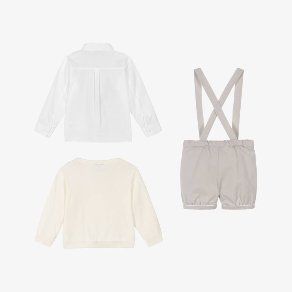 Beatrice & George-Boys Ivory Knitted Cardigan & Beige Shorts Set | Childrensalon