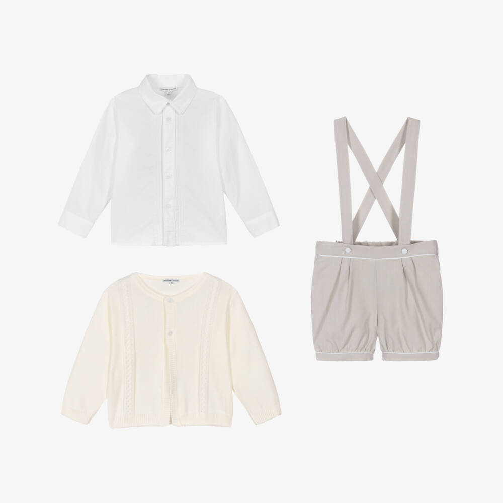 Beatrice & George-Boys Ivory Knitted Cardigan & Beige Shorts Set | Childrensalon