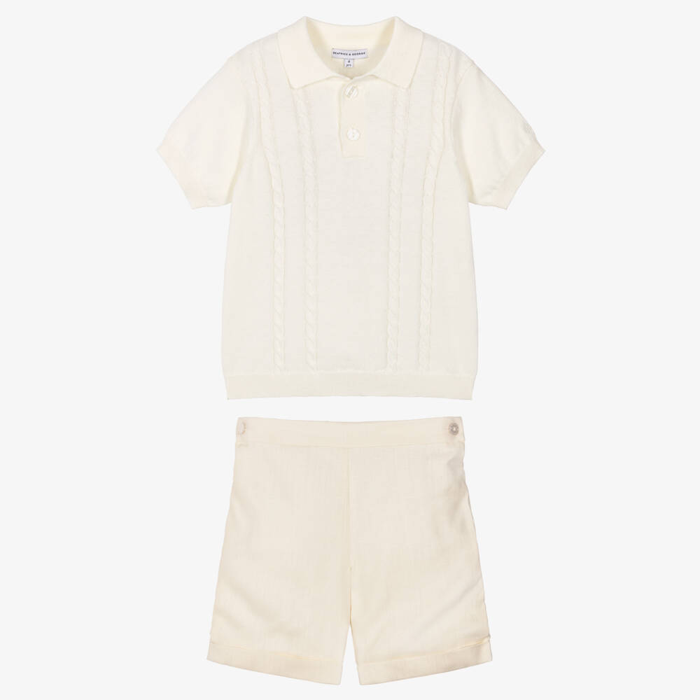 Beatrice & George-Boys Ivory Knitted Polo Shirt & Woven Shorts Set | Childrensalon