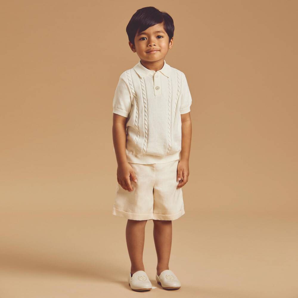 Beatrice & George-Boys Ivory Knitted Polo Shirt & Woven Shorts Set | Childrensalon