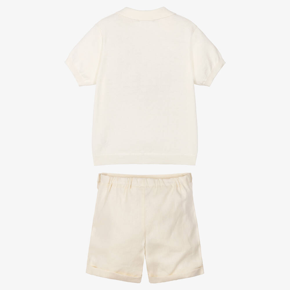 Beatrice & George-Boys Ivory Knitted Polo Shirt & Woven Shorts Set | Childrensalon
