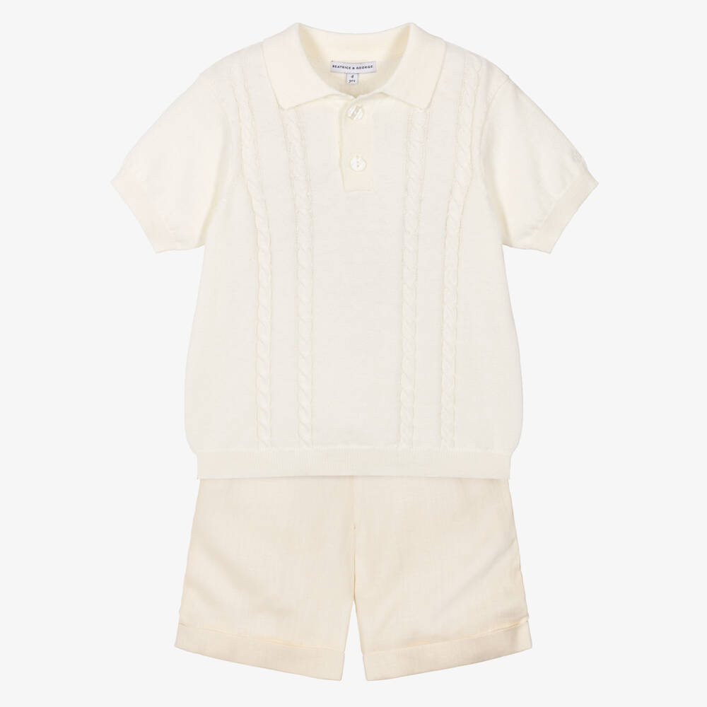 Beatrice & George-Boys Ivory Knitted Polo Shirt & Woven Shorts Set | Childrensalon