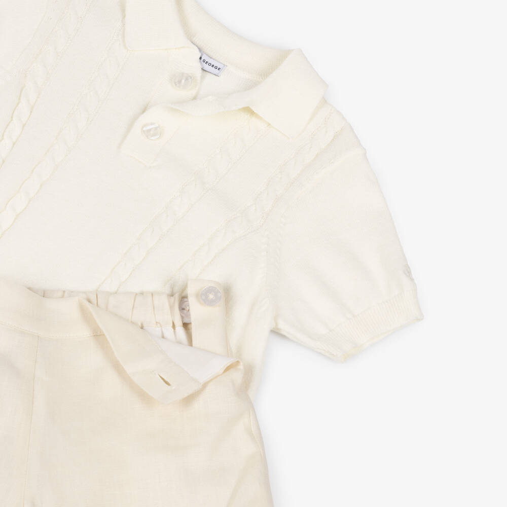 Beatrice & George-Boys Ivory Knitted Polo Shirt & Woven Shorts Set | Childrensalon