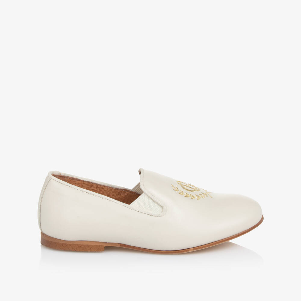 Beatrice & George-Boys Ivory Leather Loafers with Embroidered Gold Crest Logo | Childrensalon