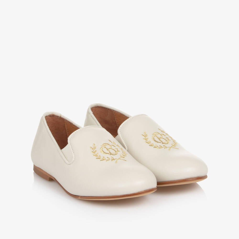 Beatrice & George-Boys Ivory Leather Loafers with Embroidered Gold Crest Logo | Childrensalon