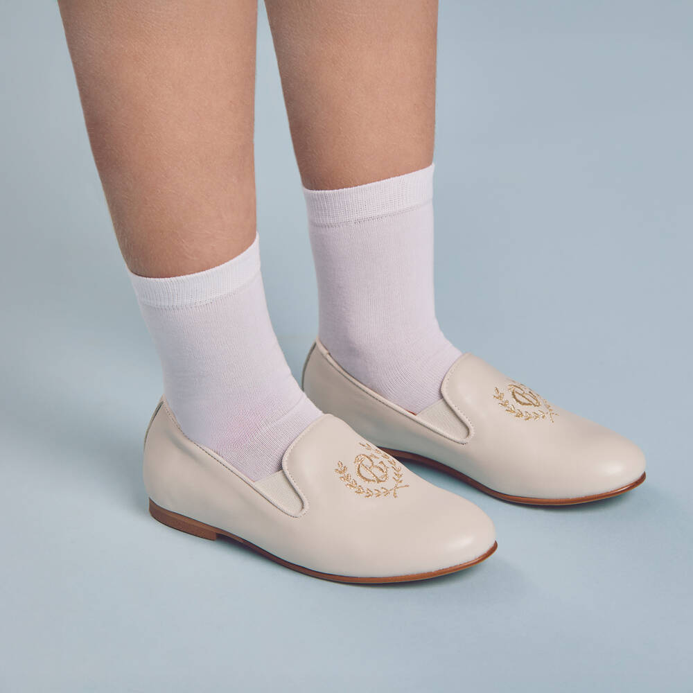 Beatrice & George-Boys Ivory Leather Loafers with Embroidered Gold Crest Logo | Childrensalon