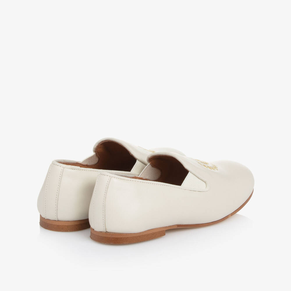 Beatrice & George-Boys Ivory Leather Loafers with Embroidered Gold Crest Logo | Childrensalon