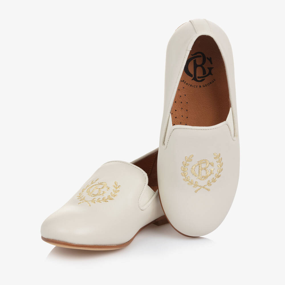 Beatrice & George-Boys Ivory Leather Loafers with Embroidered Gold Crest Logo | Childrensalon