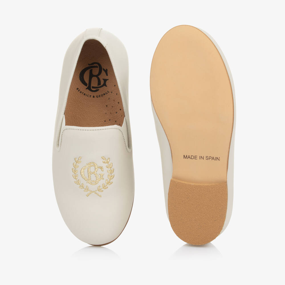 Beatrice & George-Boys Ivory Leather Loafers with Embroidered Gold Crest Logo | Childrensalon