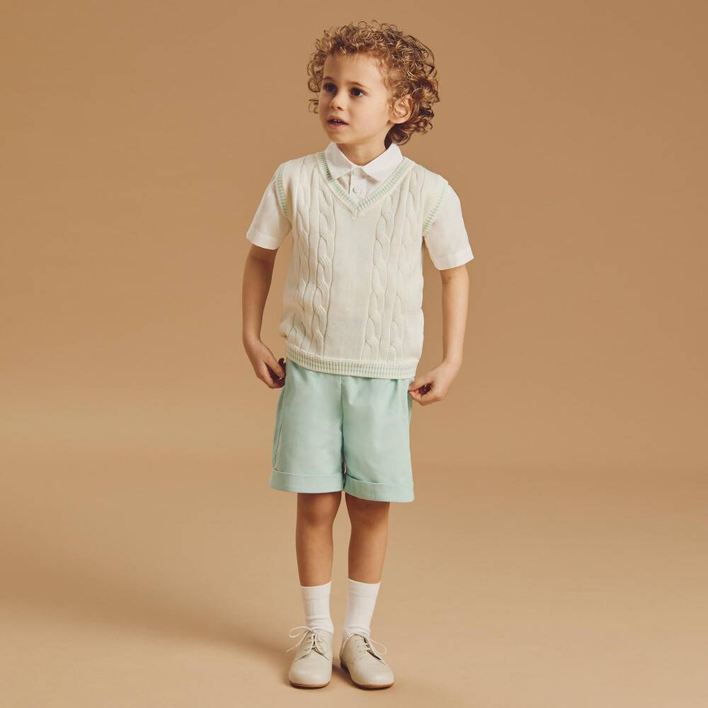 Beatrice & George-Boys Ivory Slip-Over & Green Cotton Shorts Set | Childrensalon