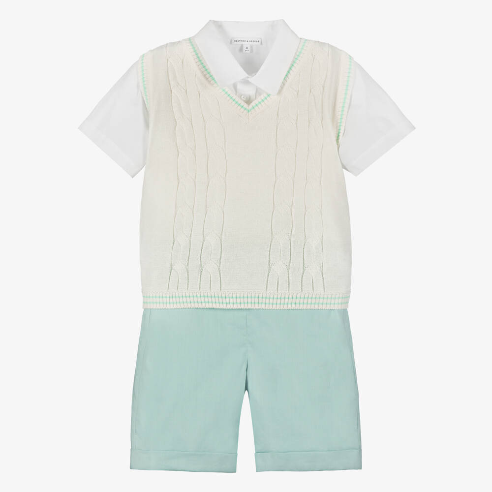 Beatrice & George-Boys Ivory Slip-Over & Green Cotton Shorts Set | Childrensalon