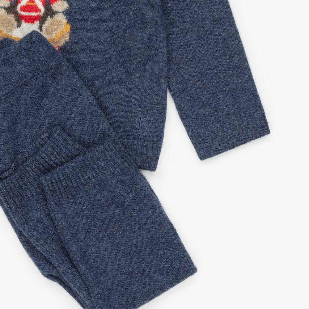 Beatrice & George-Брючный комплект синий из шерсти мериноса с мишкой барабанщиком для мальчиков | Childrensalon