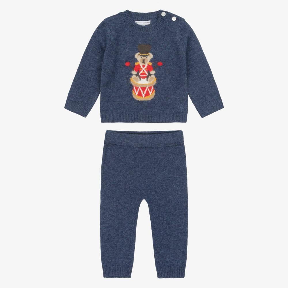 Beatrice & George-Брючный комплект синий из шерсти мериноса с мишкой барабанщиком для мальчиков | Childrensalon