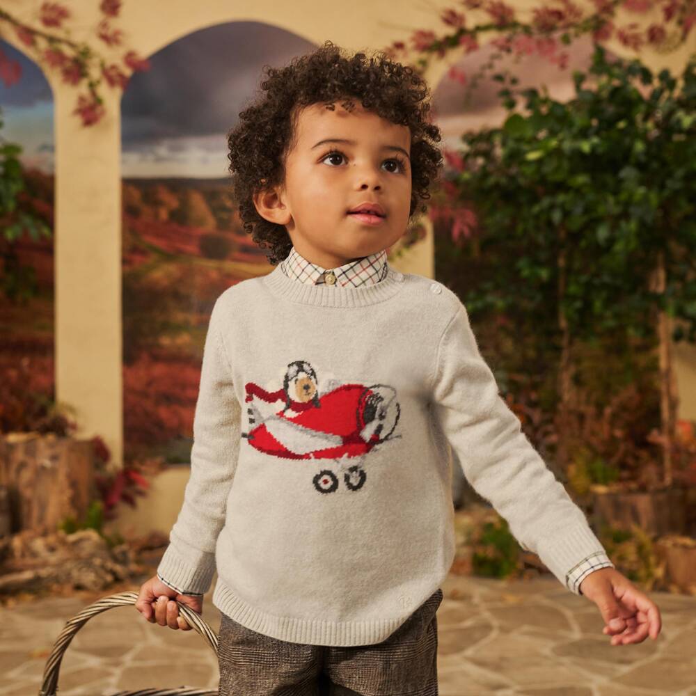 Beatrice & George-Boys Pale Beige Wool & Cashmere Flying Bear Sweater | Childrensalon
