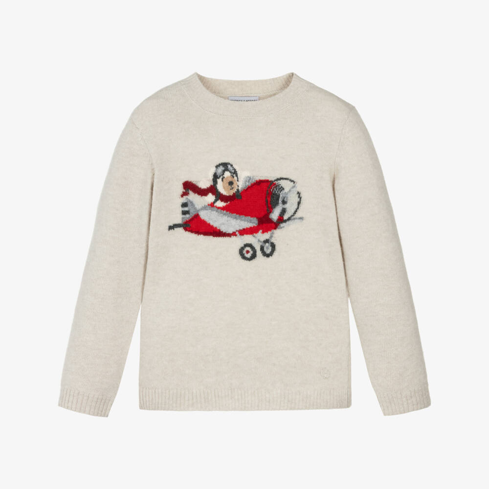 Beatrice & George-Boys Pale Beige Wool & Cashmere Flying Bear Sweater | Childrensalon