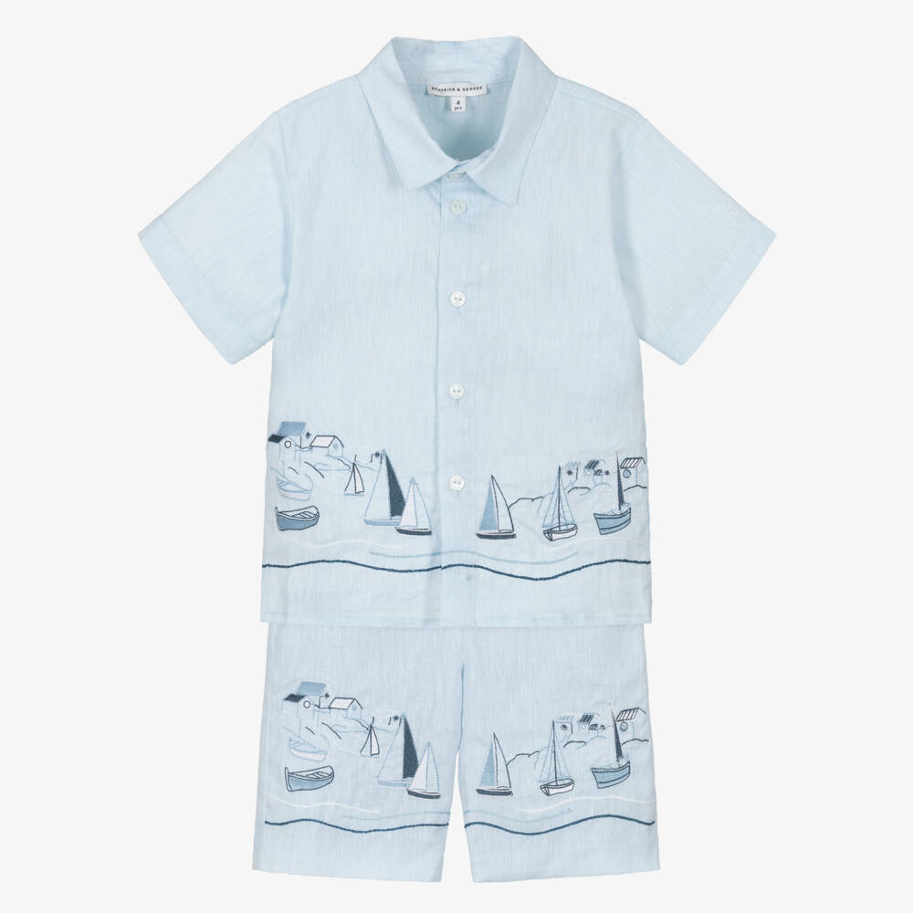 Beatrice & George-طقم شورت مطرز لون أزرق فاتح للأولاد | Childrensalon
