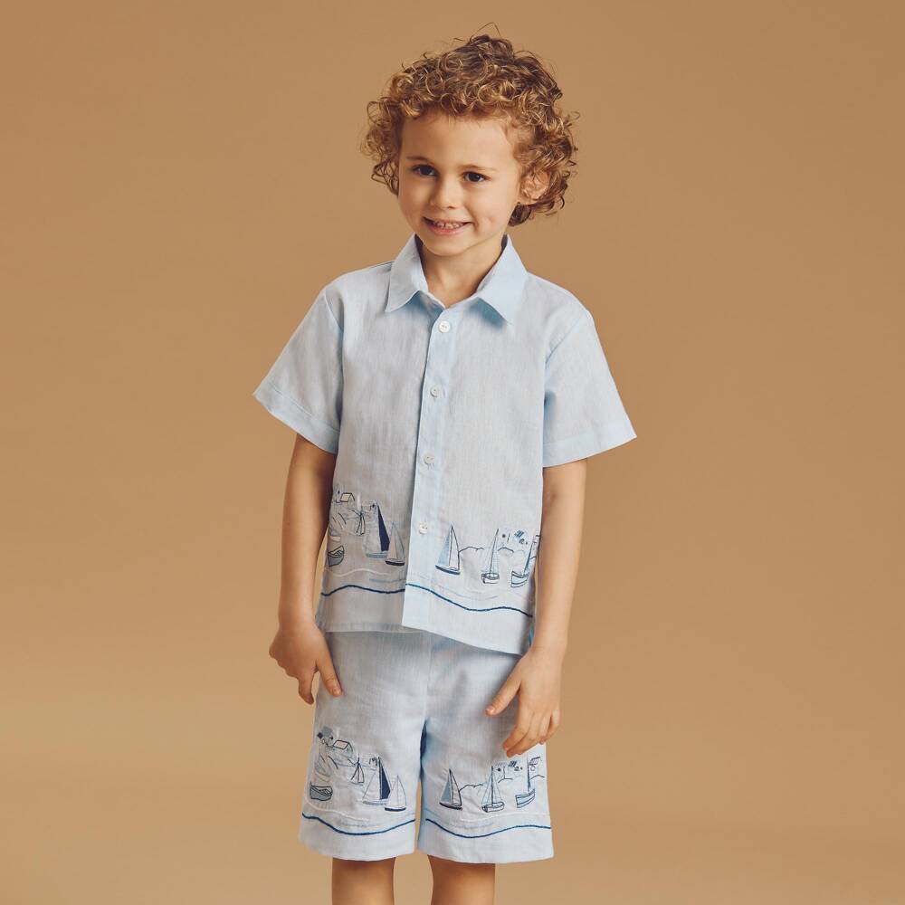Beatrice & George-طقم شورت مطرز لون أزرق فاتح للأولاد | Childrensalon