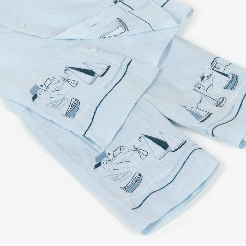 Beatrice & George-طقم شورت مطرز لون أزرق فاتح للأولاد | Childrensalon