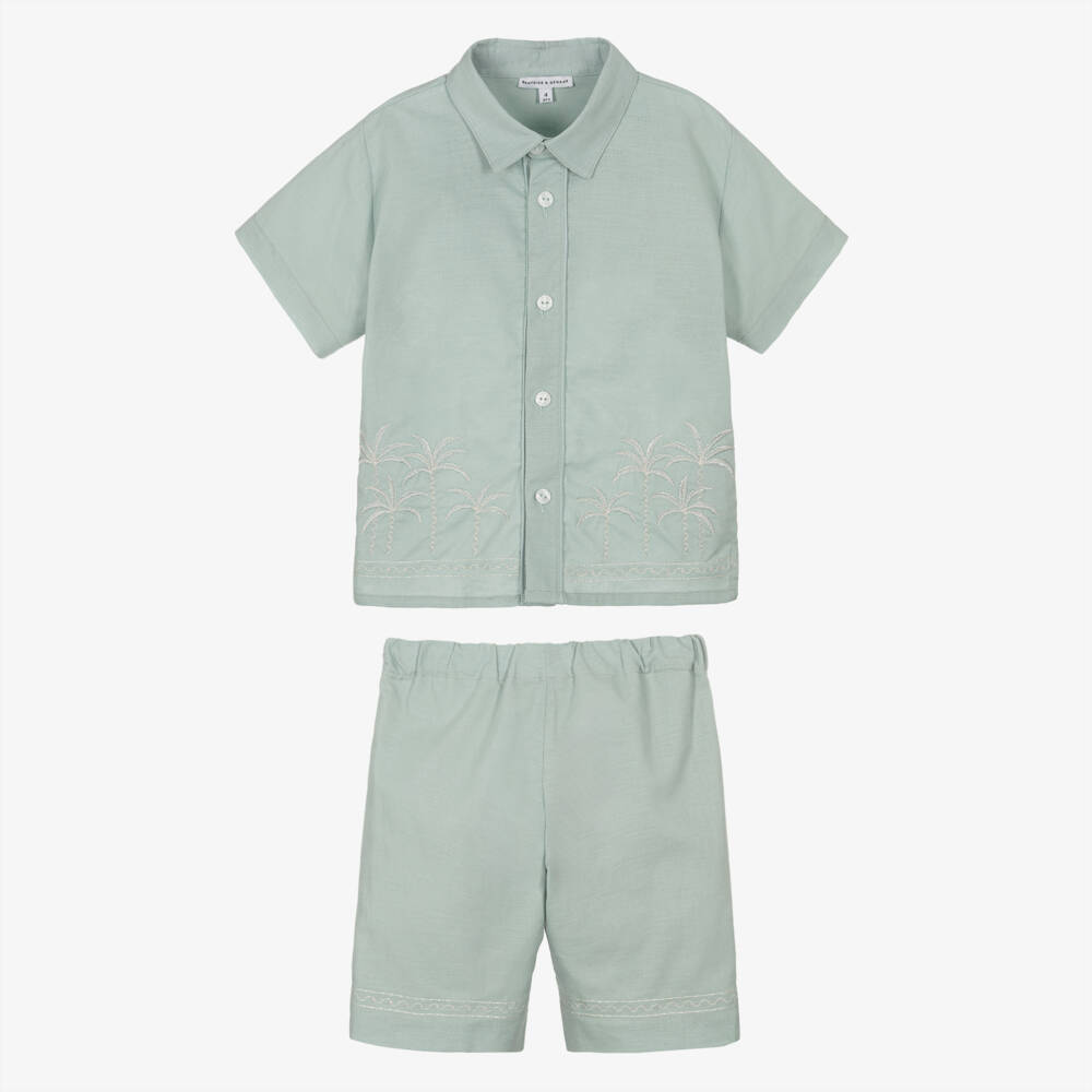 Beatrice & George-Boys Pale Green Shorts Set with Palm Tree Embroidery | Childrensalon