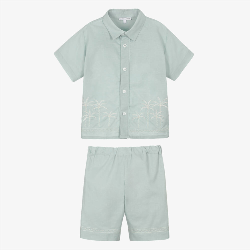 Beatrice & George-طقم شورت مطرز بنقشة نخيل لون أخضر فاتح للأولاد | Childrensalon