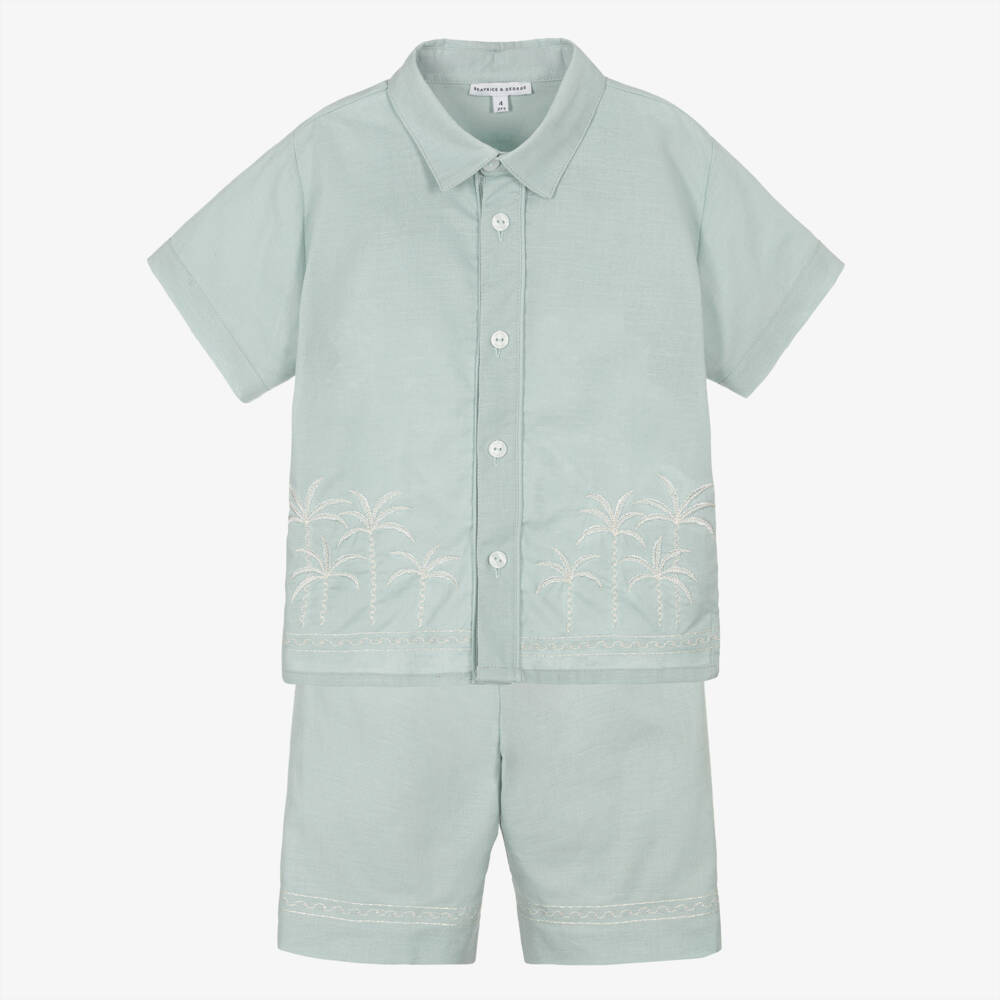 Beatrice & George-Boys Pale Green Shorts Set with Palm Tree Embroidery | Childrensalon