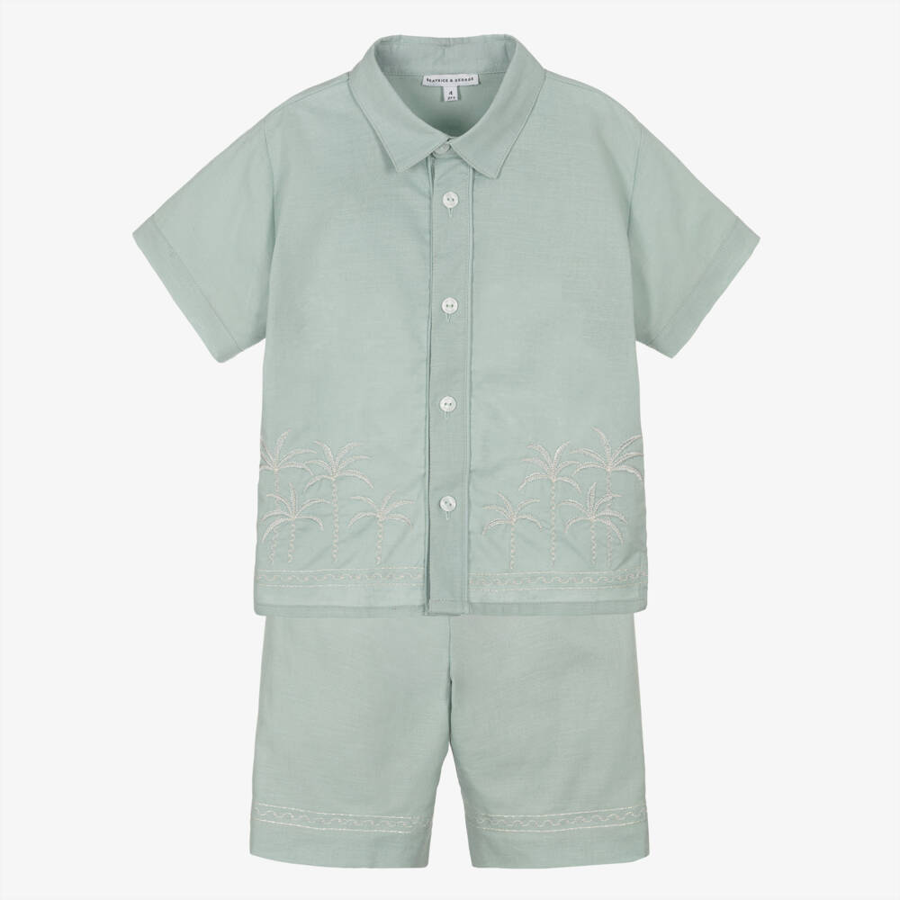 Beatrice & George-Boys Pale Green Shorts Set with Palm Tree Embroidery | Childrensalon