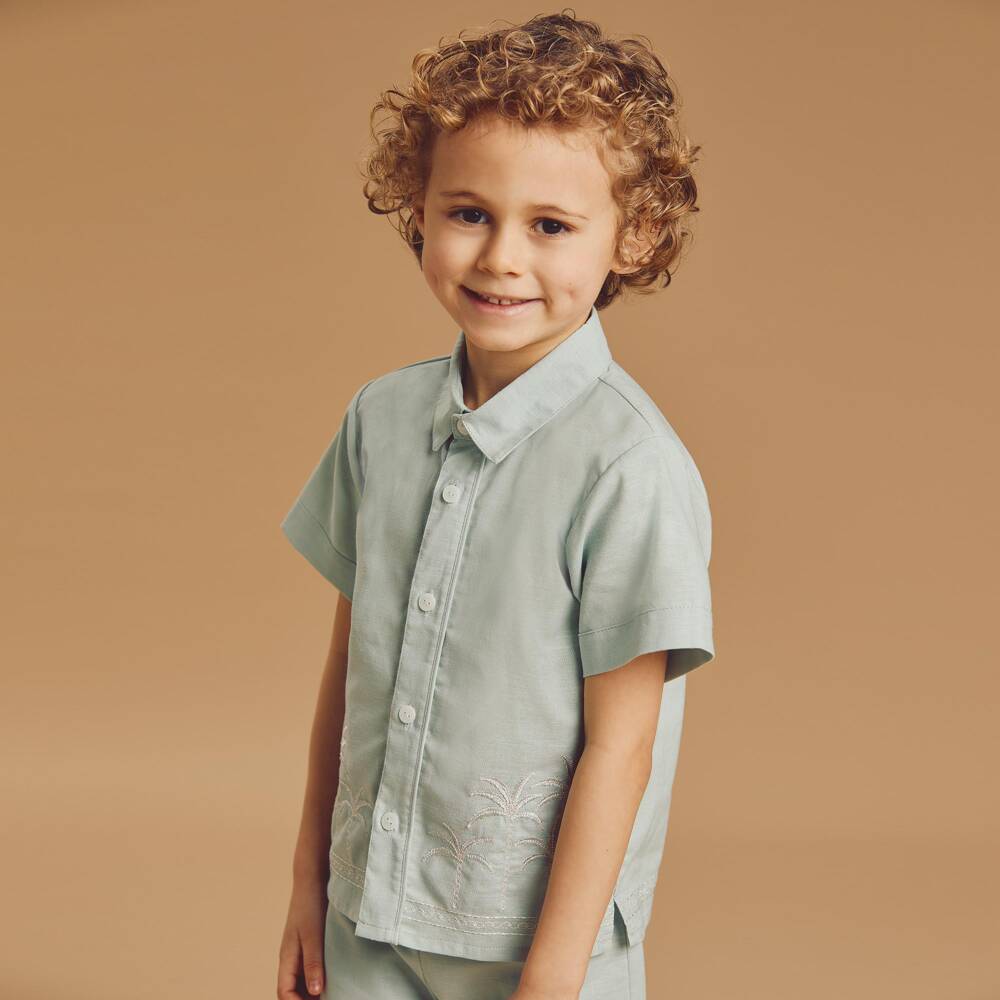 Beatrice & George-طقم شورت مطرز بنقشة نخيل لون أخضر فاتح للأولاد | Childrensalon