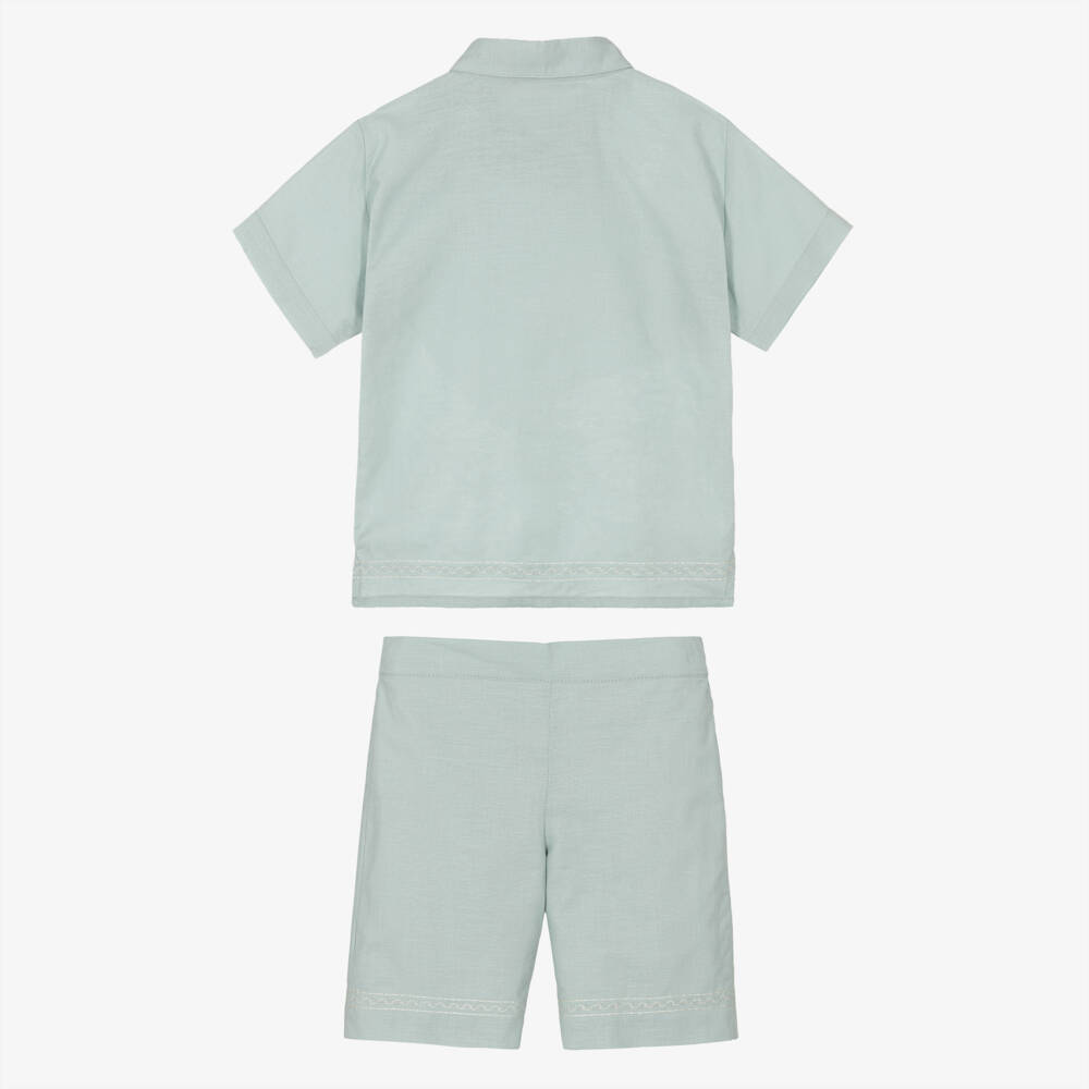 Beatrice & George-طقم شورت مطرز بنقشة نخيل لون أخضر فاتح للأولاد | Childrensalon