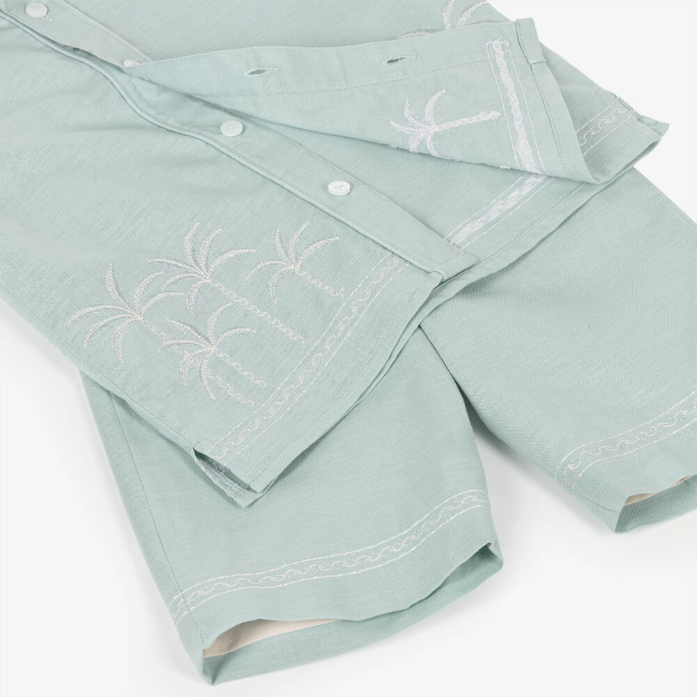 Beatrice & George-طقم شورت مطرز بنقشة نخيل لون أخضر فاتح للأولاد | Childrensalon