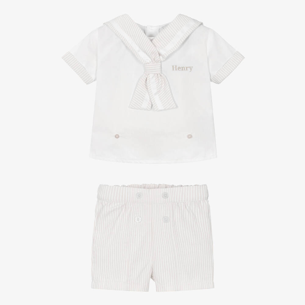 Beatrice & George-Boys Personalised Beige Sailor Buster Suit | Childrensalon