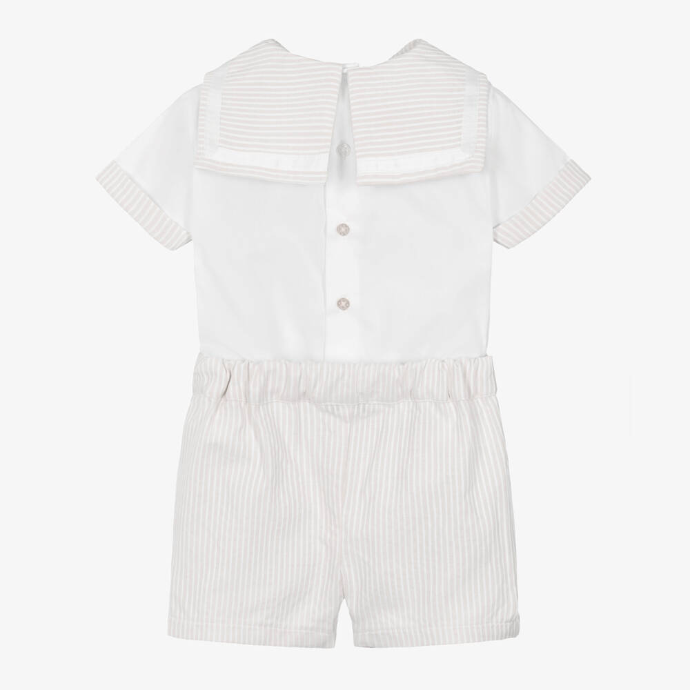 Beatrice & George-Boys Personalised Beige Sailor Buster Suit | Childrensalon