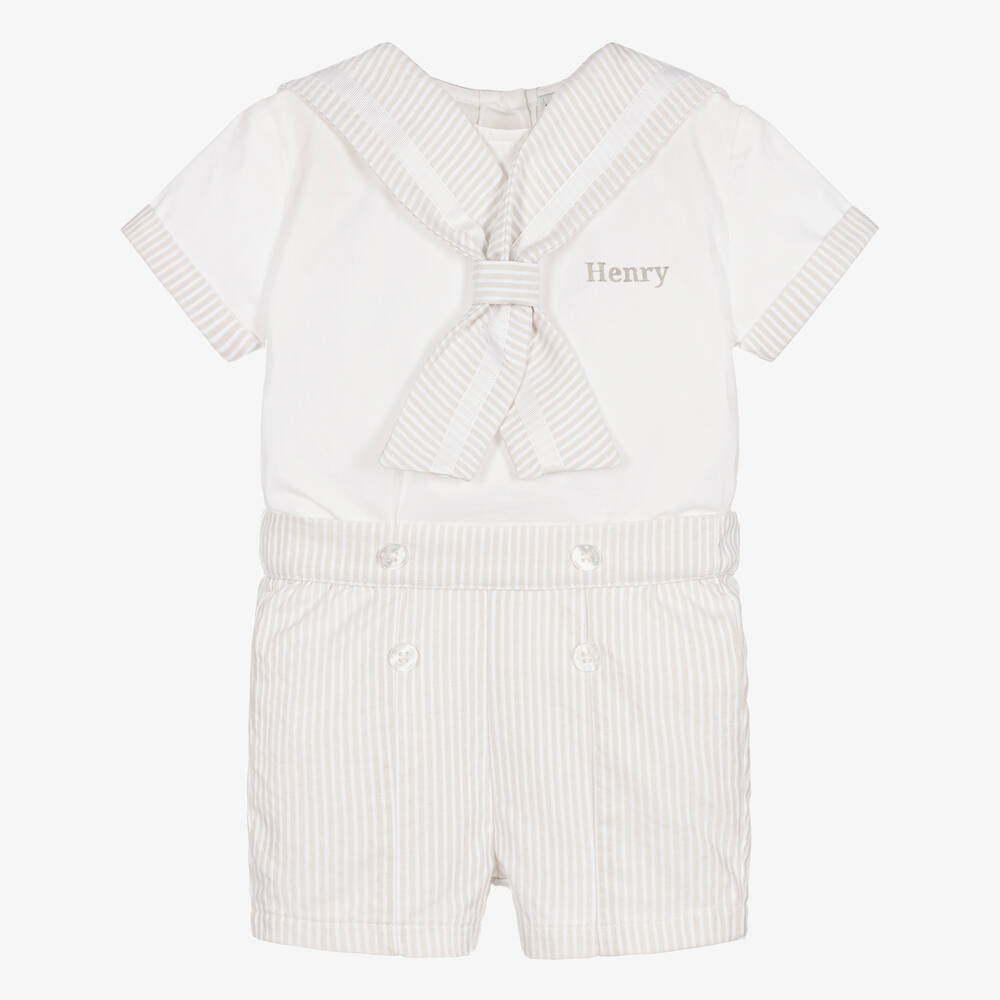 Beatrice & George-Boys Personalised Beige Sailor Buster Suit | Childrensalon