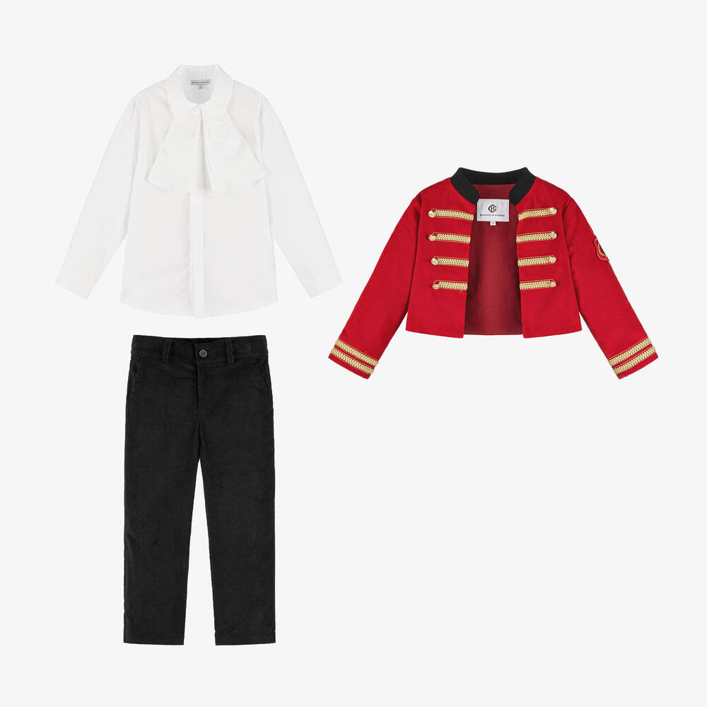 Beatrice & George-Boys Red Cotton Military 3 Piece Suit | Childrensalon