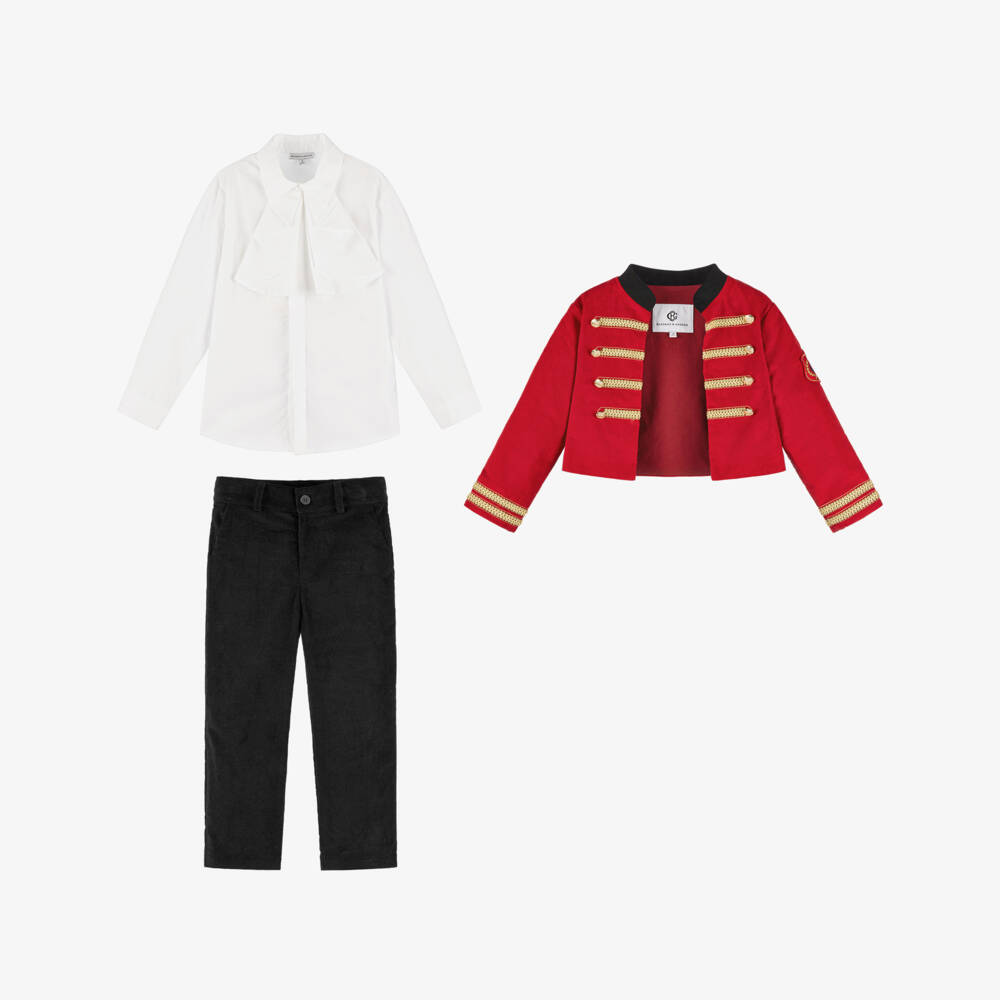 Beatrice & George-Boys Red Cotton Military 3 Piece Suit | Childrensalon