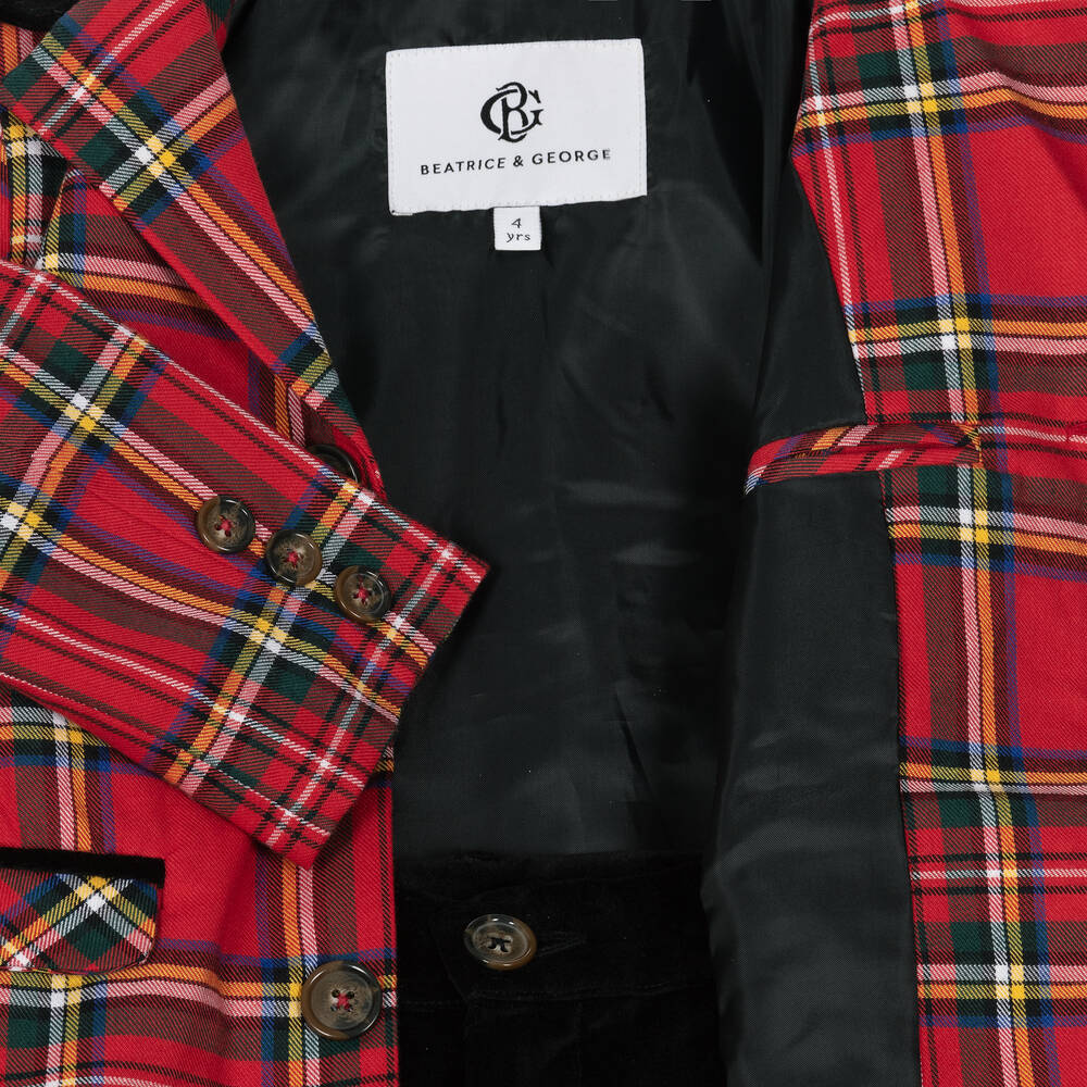 Beatrice & George-Красно-черный комплект из шотландки и бархата | Childrensalon