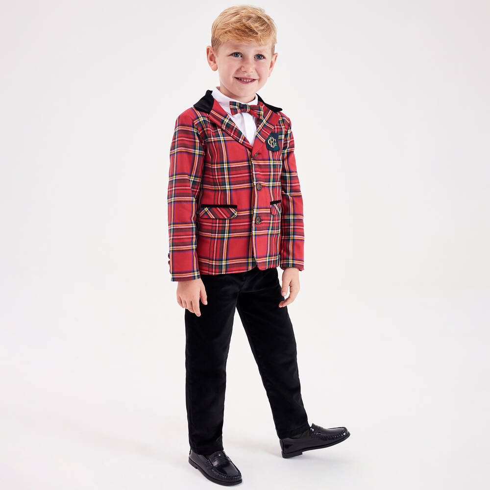 Beatrice & George-Красно-черный комплект из шотландки и бархата | Childrensalon