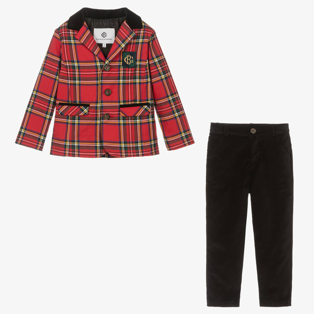 Beatrice & George-Красно-черный комплект из шотландки и бархата | Childrensalon