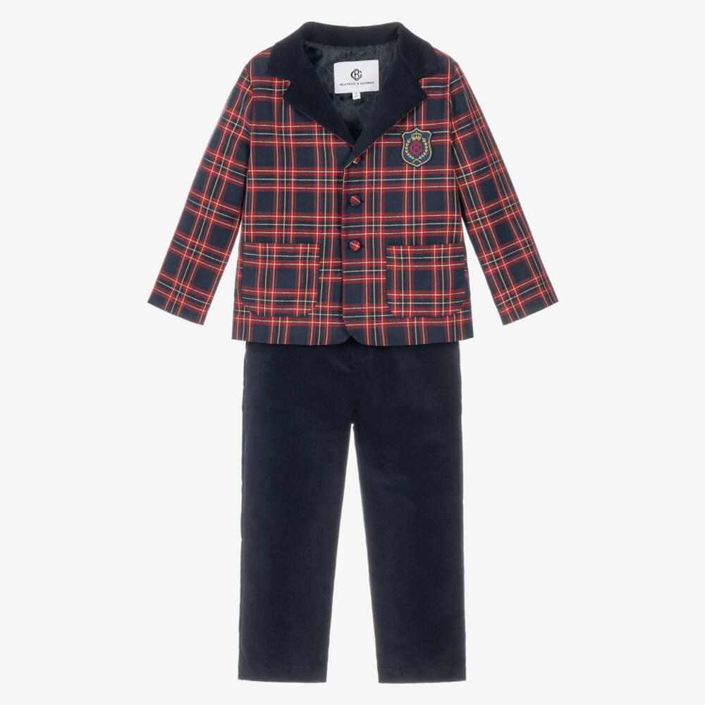 Beatrice & George-Boys Red Tartan Blazer & Navy Velvet Trouser Set | Childrensalon