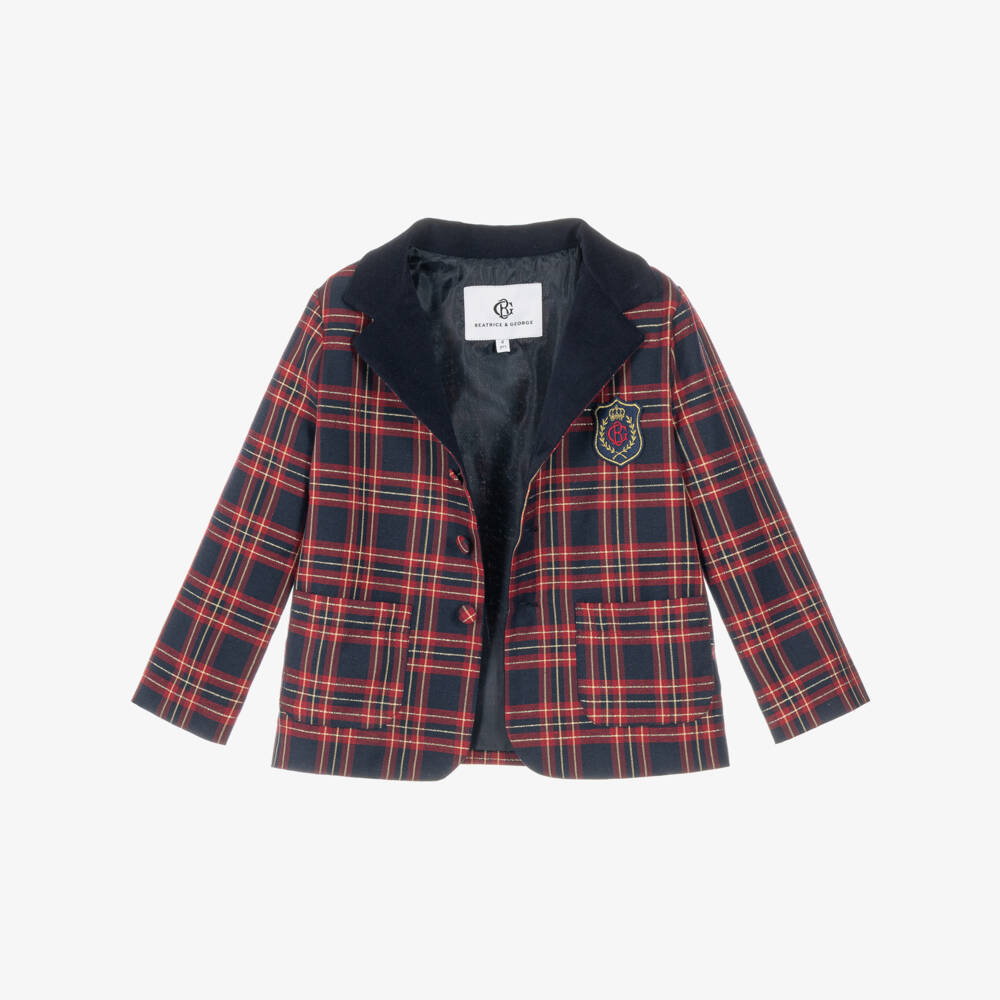Beatrice & George-Boys Red Tartan Blazer & Navy Velvet Trouser Set | Childrensalon